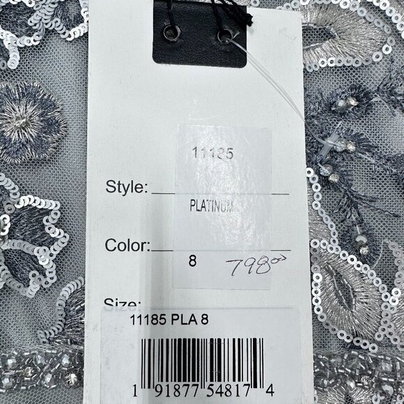 Mac Duggal Floral Embroidered Illusion Long Sleeve Gown Platinum Silver NWT 8 - Picture 5 of 12